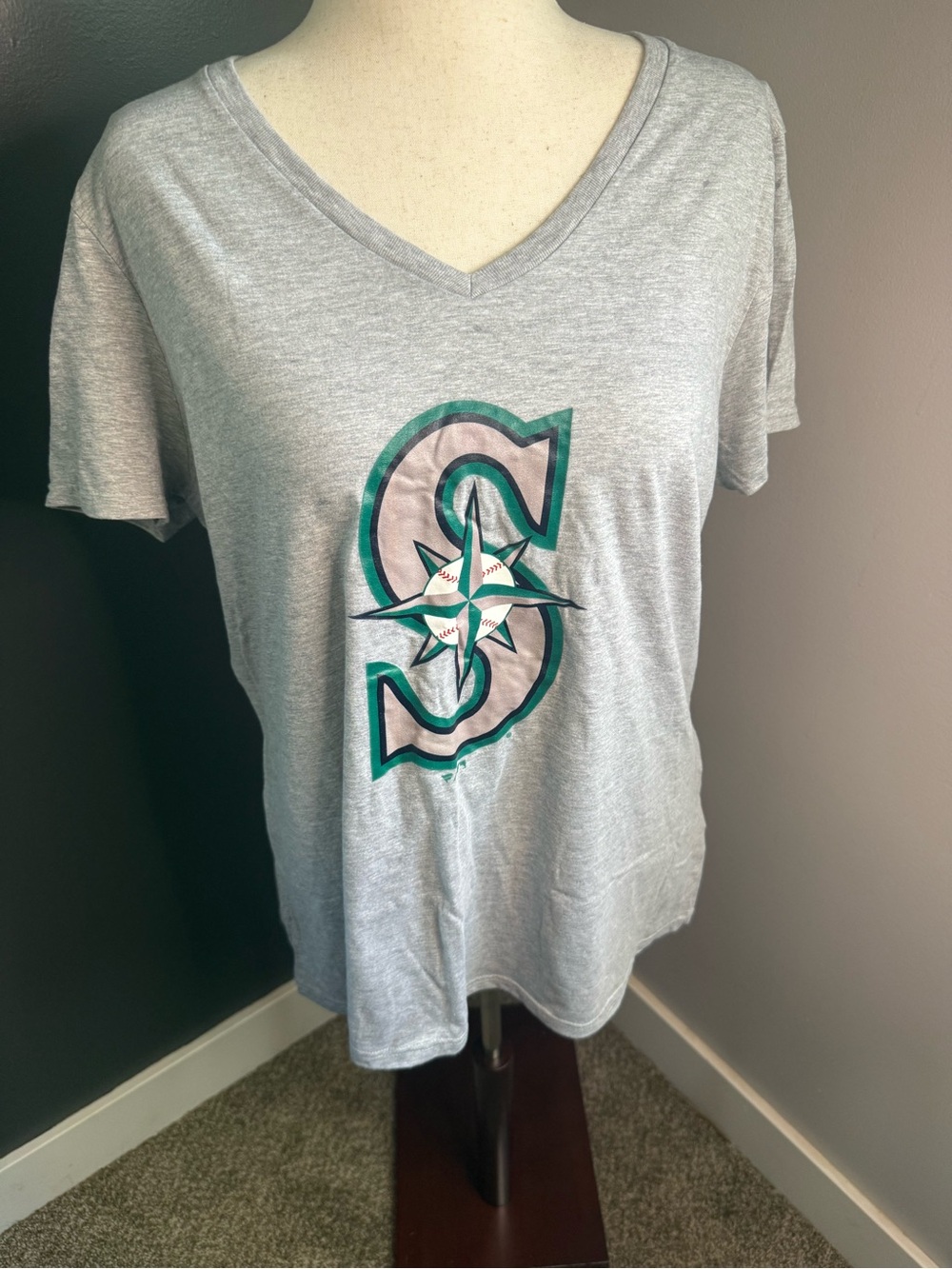 Fanatics Seattle Mariners Gray V-Neck Tee with Teal and Navy Logo